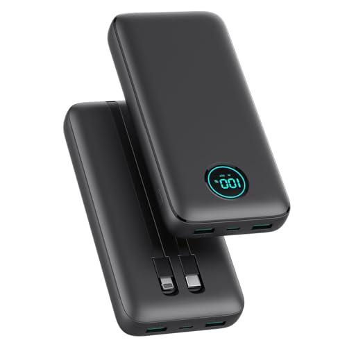 Power Bank 26800 mAh com cabo, PD 25 W QC4.0 carregamento rápido bateria externa USB C, 5 saídas bateria portátil com ecrã LCD carregador portátil para iPhone 16/15/14, Samsung Huawei etc, preto