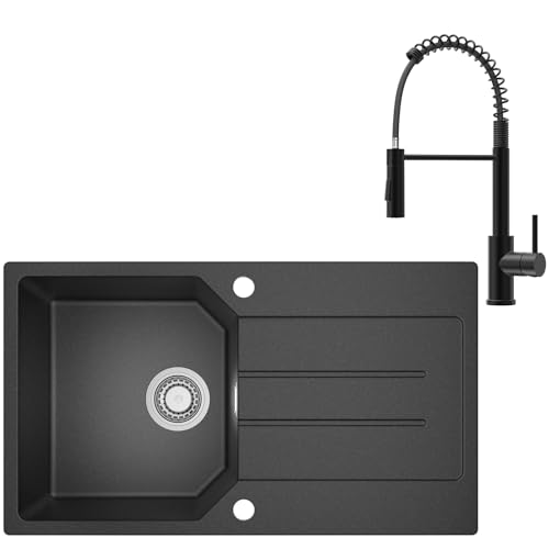 ANYCEE 78 x 45 cm Lava-louça em granito com torneira, lava-louças preto, 1 seio, com escorredor para armário baixo de mais de 45 cm