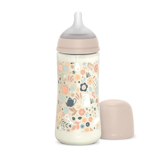 Suavinex, Biberão de 360 ml, com étina fisiológica SX Pro de silicone, com válvula anticólica. Biberão com étina de fluxo denso (L). Para bebés + 6 meses. País das Maravilhas, flores, rosa