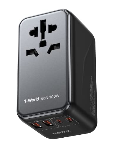 MOMAX Adaptador de tomada universal, 100 W GAN tomada universal viagem para visão Pro com 2 USB A, 2 USB C e 1CA, adaptador de viagem espanhol para americano inglês Alemanha Austrália Japão China