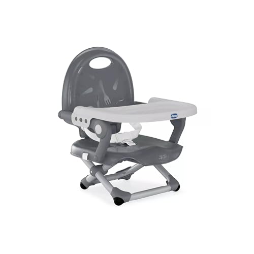 Chicco Pocket Snack Alçador de cadeira para crianças para comer, adequado de 6 meses até 3 anos (15 kg), cadeira de viagem portátil e ajustável para bebés, compacto e com bandeja removível, cinzento