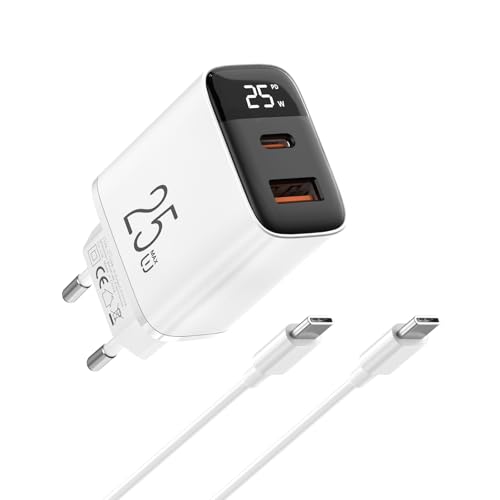 Carregador de 25 W - Ecrã LED de carregamento duplo super rápido de 2 portas, com 2 M cabo USB C para iPhone 16/15, para Samsung Galaxy, Pad Pro, PixeI