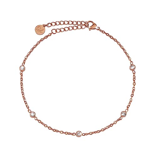 Tornozeleira de zircónia para senhoras resistente à água I tornozeleira ajustável (22 - 27 cm) de aço inoxidável em ouro de 18 quilates e prata I jóias de mulher para o tornozelo com pontos brilhantes
