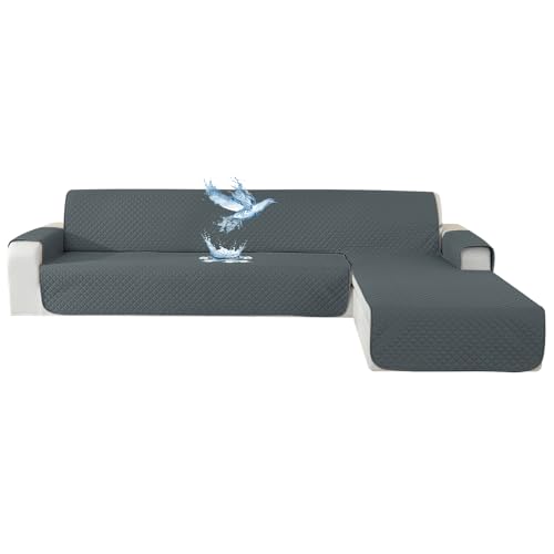 YSTELLAA Impermeável capa sofá Chaise Long 3 lugares, cobertura sofá haise longa esquerda/direita universal reversível, anti-gato e cão animal de estimação, protetor antimanchas e resistente, cinzento