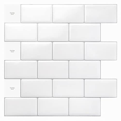 Art3d 10 peças autocolantes de azulejo, autocolantes de azulejos para cozinha e casa de banho, azulejos adesivos espessados para decorar (branco)
