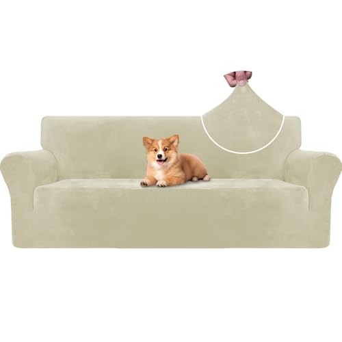 CYCMACO Veludo capa sofá 3 lugares ajustável e elástica, capa de sofá antiderrapante anti-manchas, protetor universal Couch Cover com apoios de braços, lavável, bege