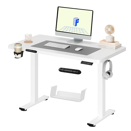 FLEXISPOT QE PRO Mesa elevável elétrica 110 x 54 cm, mesa levantável com 2 ganchos, porta-copos e organizador de cabos, 4 funções de memória, Standing Desk para escritório e casa e telébalho, branco
