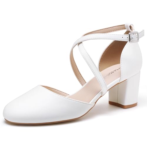 Greatonu Bombas com correia no tornozelo para mulher, salto em bloqueio, correias cruzadas e biqueira fechada para casamentos e festas