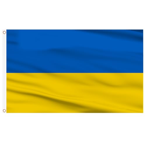 Ahfulife Bandeira da Ucrânia 90 cm x 150 cm (3 pés x 5 pés), 2 peças bandeira da Ucrânia com orifícios de latão em ambos os lados, decoração de 2024 dia nacional euro jardim escola barra festa