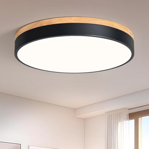 Vikaey Candeeiro de teto, candeeiro LED teto preto, 40 cm de teto LED de madeira para quarto, sala de estar, sala de jantar, cozinha, corredor 4000 K 36 W
