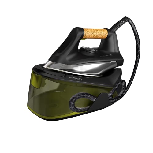 Rowenta Easy Steam Centro de passar a ferro de alta pressão 6 bares, golpe a vapor 270 g/min, vapor contínuo 110 g/min sola Airglide com depósito de 1,4 l e modo ecológico, preto/verde