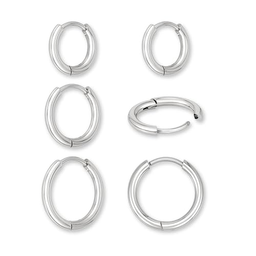 Aros de aço inoxidável para mulher - 3 pares de aros pequenos elegantes (12 mm, 14 mm, 16 mm) | Brincos em aço cirúrgico a ouro de 18 K, ouro rosa ou prata - aros para homem, Aço inoxidável, Não