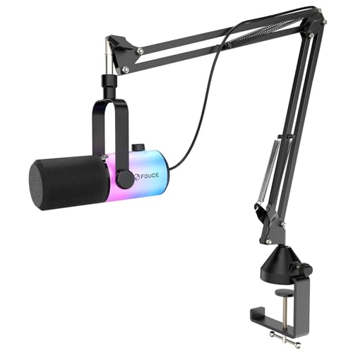 FDUCE Microfone para jogos USB/XLR com braço, kit de microfone para transmissão de podcasts microfone dinâmico com luz RGB, botão silencioso, botão de ganho, conector para auriculares (D20+)