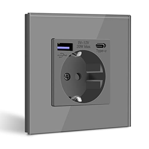 BSEED Tomada de parede com USB C 20W, cinzento Schuko tomada com carregador rápido USB tipo C, 1 Gang tomada de corrente com 2 x carregadores USB e Typ C, tomada integrada adequada