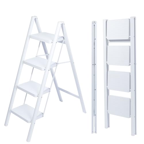 UZIRO Escada dobrável 4 degraus, escadas decorativas, degraus largos antiderrapantes, ideal para uso em casa, cozinha e escritório, fácil de guardar e transportar, resistente (branco, 4 quedas)
