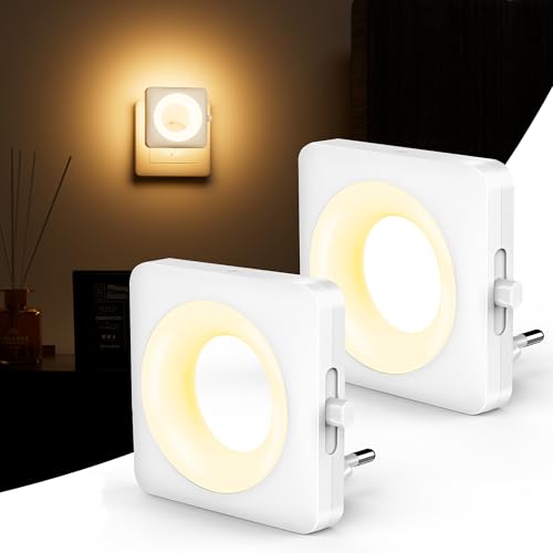 Luz noturna infantil 2700 K quente, 2 unidades LED atenuação contínua luz noturna tomada ON/OFF automática com sensor repuscular incorporado baixo consumo para quarto, corredor, escadas e casa de