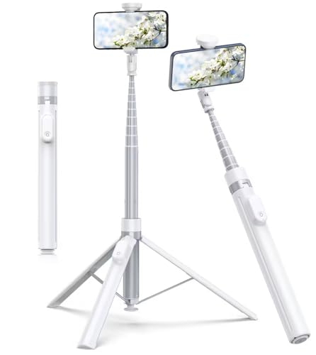 TONEOF 180 cm Vara automática Selfie tripé, tripé para telemóvel com controlo remoto magnético recarregável, suporte móvel rotativo de 2 eixos de 360°, tripé estável para iPhone/Android-branco