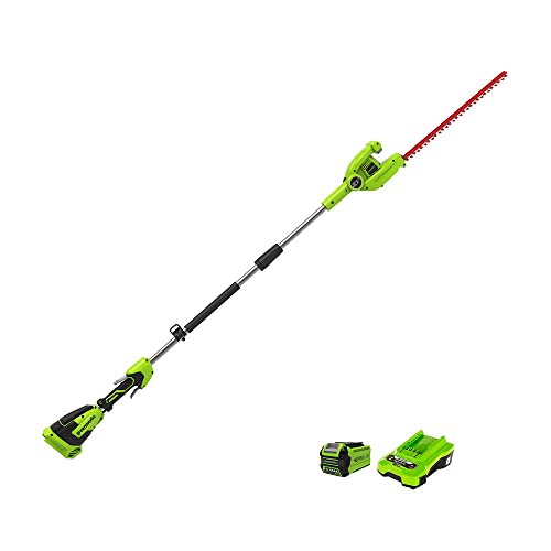 Greenworks G40PHAK2 Corta-sebes pino de bateria eixo divisível, lâminas de ação dupla 51 cm, ramos curtos de 18 mm de espessura, pivô cabeça de 125°, 3000 spm, bateria 40 V 2 Ah e carregador