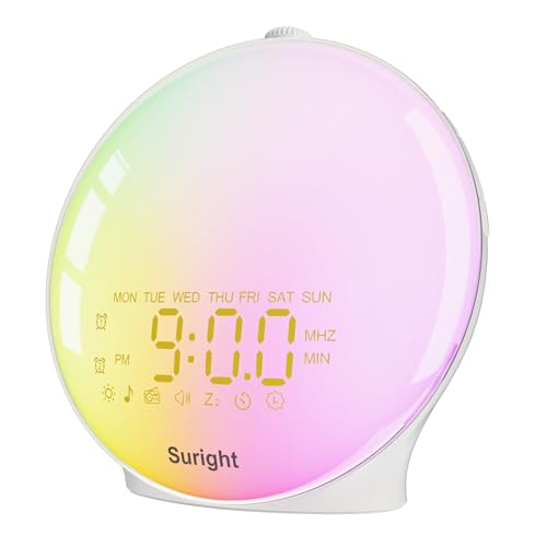 Despertador de luz, despertador de amanhecer, Wake Up Light simulação de pôr-do-sol e amanhecer com rádio, 15 sons natureza, 2 alarmes, função Snooze, 18 luzes coloridas, 20 brilho