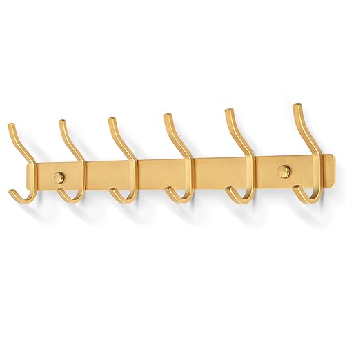 MEIJO Cabides de parede com 6 ganchos, ganchos cabides de montagem na parede em aço inoxidável ganchos ganchos cabide para entrada, cozinha, casa de banho (6 ganchos, ouro)
