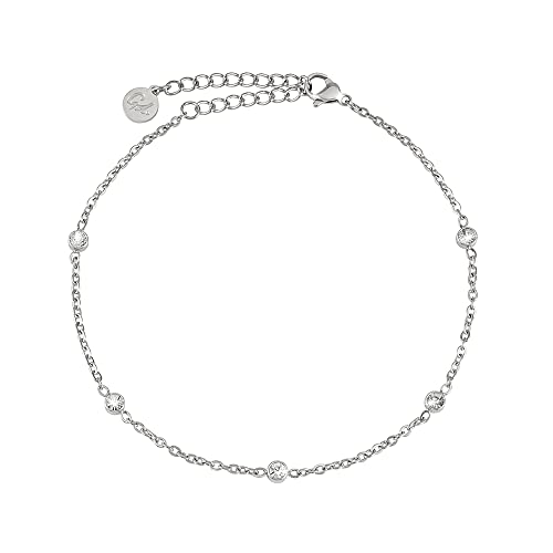 Tornozeleira de zircónia para senhoras resistente à água I tornozeleira ajustável (22 - 27 cm) de aço inoxidável em ouro de 18 quilates e prata I jóias de mulher para o tornozelo com pontos brilhantes