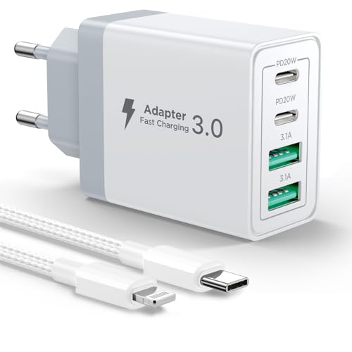 Aioneus Carregador USB C, 40 W 4 portas tomada USB carregador iPhone carregamento rápido tipo C carregador móvel múltiplo adaptador USB com 2M cabo Lightning para iPhone 16 15 Pro Max/14/13/12/11,