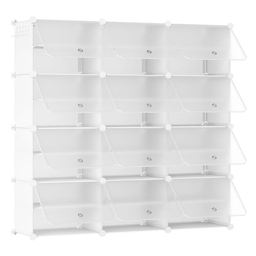 HOOBRO Armário de sapateira, 12 compartimentos, sapatos modulares, prateleiras de plástico, com porta, compartimento 40 x 30 x 30 cm, para sala de estar, corredor, entrada, quarto, branco EWW38SC01