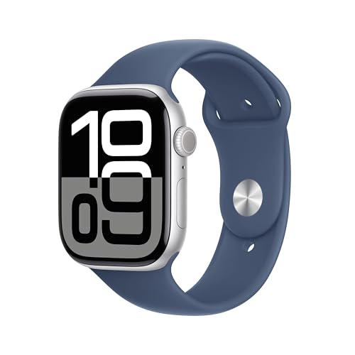 Apple Watch Series 10 GPS Cellular Smartwatch com caixa de alumínio prata de 46 mm e correia desportiva azul Denim - tamanho S/M. Monitor de treino, App ECG, ecrã Retina sempre ativo
