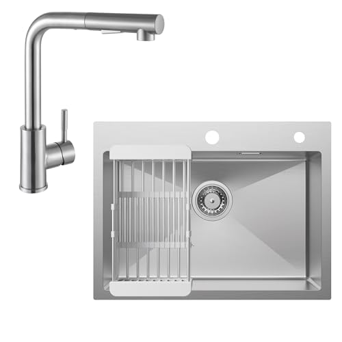 CECIPA Lava-louça da cozinha, 60 x 45 cm + torneira de cozinha extensível, lava-louça com escorredor e sifão, lava-louças para cozinha, 1 seio quadrado, lava-louça encastrável com 2 orifícios, aço