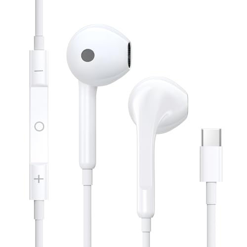 Auriculares USB C, capacetes iPhone 15 com cabo capacetes estéreo HiFi com microfone e controlo de volume, auriculares com cabo tipo C para iPhone 16 15 Pad Pro Google Pixel Samsung Galaxy