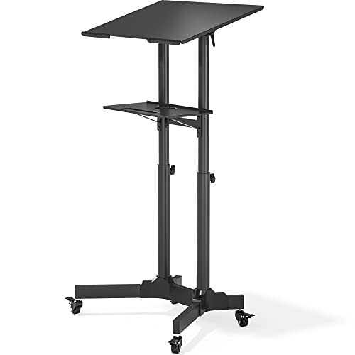 BONTEC Secretária de pé móvel com altura ajustável, mesa para computador portátil com rodas, estação de trabalho de pé com bandeja compacta ajustável