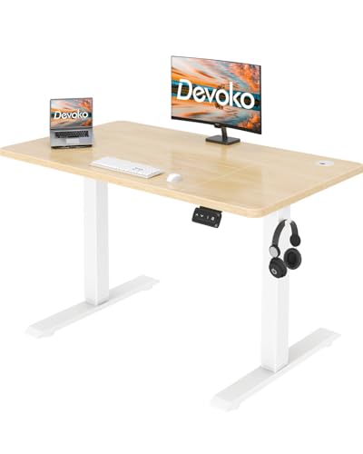 Devoko 100 x 60 cm, mesa regulável em altura, secretária elétrica elevável, telescópica bidirecional, secretária de escritório e casa, para estúdio em casa com placa montada, bege