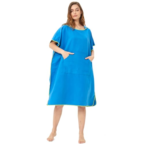 Poncho de surf, 110 x 90 cm, toalha de poncho para adultos de microfibra com capuz bolso, poncho de praia para mudar mulher homem, roupão de banho para desporto aquático, secagem rápida (azul)