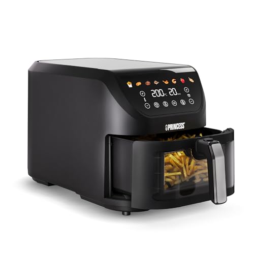 Princess SlimFry Airfryer, capacidade de 8 l, 2000 W, 8 programas, ecrã táctil digital, termostato ajustável, janela de exibição, fecho automático, cesta lavável, 182257, pilotos de cor