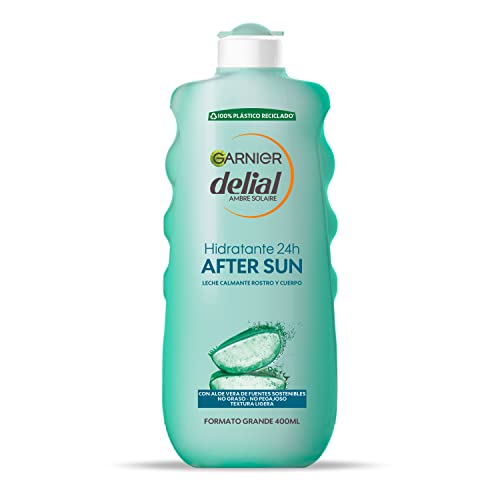 Garnier Delial After Sun Creme hidratante 24 h calmante com [Aloe Vera natural]. Não oleoso, não pegajoso. Textura leve. Formato familiar. 400 ml