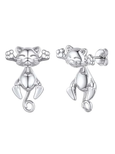 Silvora Brincos com gato de prata lei 925 para mulheres meninas perfuradas brincos de prata com pingente gatos para mulheres
