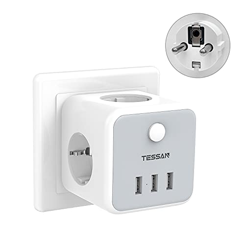 TESSAN 6 em 1 cubo tomada USB, latão tomadas tripla com 3 USB e interruptor, para Phone, Pad, casa e escritório, cinzento