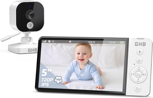 GHB Câmara de vigilância bebé 5" 720P HD IPS monitor para bebés com câmara com ecrã de 5000 mAh, visão noturna, comunicação bidireciona ouvir bebés