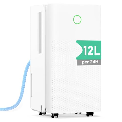 Deshumidificador 12 l/dia, desumidificadores elétrico com compressor, 3 modos, silencioso e de baixo consumo, depósito 2,2 l, drenagem contínua, temporizador 24 h, controlo automático de humidade para