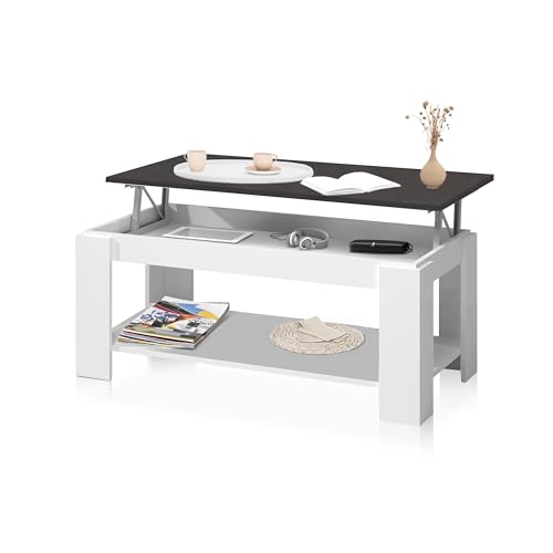 duehome | Mesa de centro elevável, mesa auxiliar, modelo LYA, acabamento em cor branca Artik e óxido, medidas: 102 cm (comprimento) x 50 cm (largura) x 43-54 cm (altura)