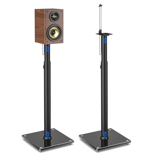 Suporte para altifalantes 5 Rcom altura ajustável para satélite e prateleiras, conjunto de 2, suporta 5 kg por unidade, design elegante, montagem fácil, gestão de cabos