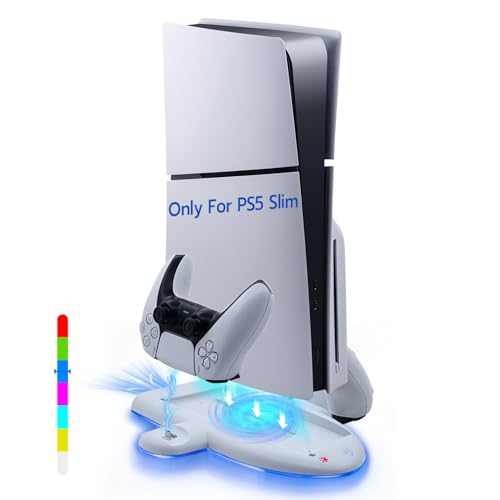 Mcbazel Stand para PS5 Slim, base de arrefecimento RGB de 3 velocidades, estação de carregamento duplo para controladores com função de memória. (Não para PS5/PS5 Pro)