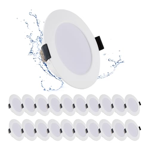 Grebeam 20 unidades Olhos de Buey LED para teto, 5 W equivalente a halogénio 50 W, IP44 Downlight recarregável 230 V, branco natural 4000 K, corte: newskill 75-90 mm, para casa de banho