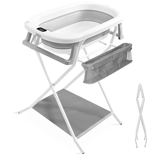 JUPPLIES Banheira dobrável bebé com estrutura metálica e tubo de drenagem, banheira com almofada ergonómica, pernas antiderrapantes e termómetro digital (cinzento)