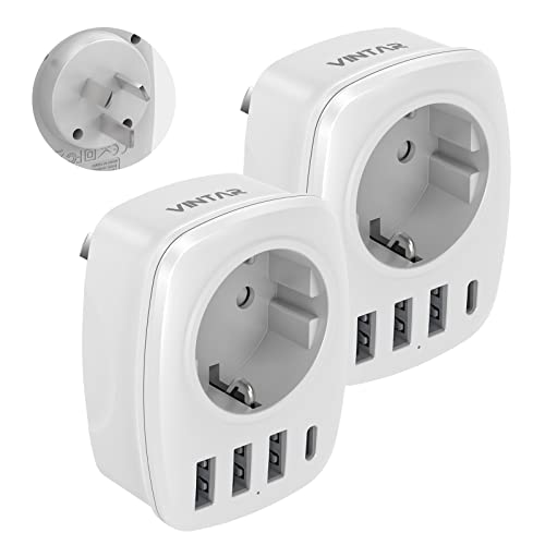 VINTAR 2 unidades adaptador de viagem da Europa para a Austrália, adaptador de tomada 5 em 1, com 3 portas USB e 1 porta USB-C, adaptador de viagem para a Austrália, China, Nova Zelândia, Tipo I,