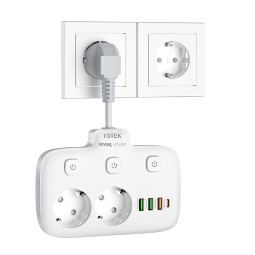 FDTEK Extensão de tomada com interruptor independente, latão tomada USB com 1 tipo C (PD de 20 W, carregamento rápido) e 3 USB A, múltiplas tomadas com 3 tomadas CA de 4,5 cm, cabo curto, branco