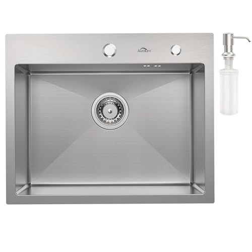 Auralum Lava-louça cozinha 1 seio 55 x 45 cm, lava-louça cozinha em aço inoxidável, lava-louça sobre bancada ou nivelado, lava-loiças com sifão, dispensador de sabão e conjunto de drenagem
