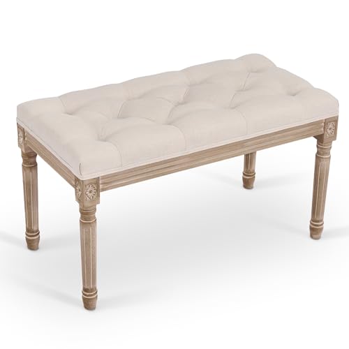 VONLUCE Banco estofada para cama 80 x 42 x 47 cm, tamborete para pé de cama em estilo de vintage banco de entrada com assento acolchoado e pernas de madeira para quarto e sala de estar