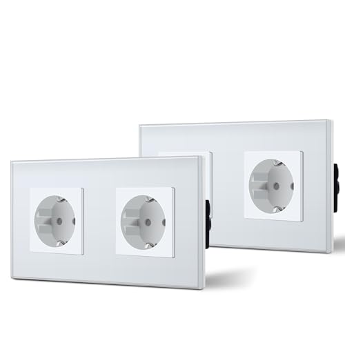 BSEED Tomada de parede 2 tomadas padrão Schuko com painel de vidro 16A instalação fácil 157 mm branco, 2 pacotes
