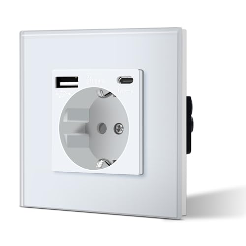 BSEED Tomada de parede tomada padrão Schuko com 2,1 A USB melhorada conector de carregamento e tomada tipo C com painel de vidro fácil instalação 86 mm branco